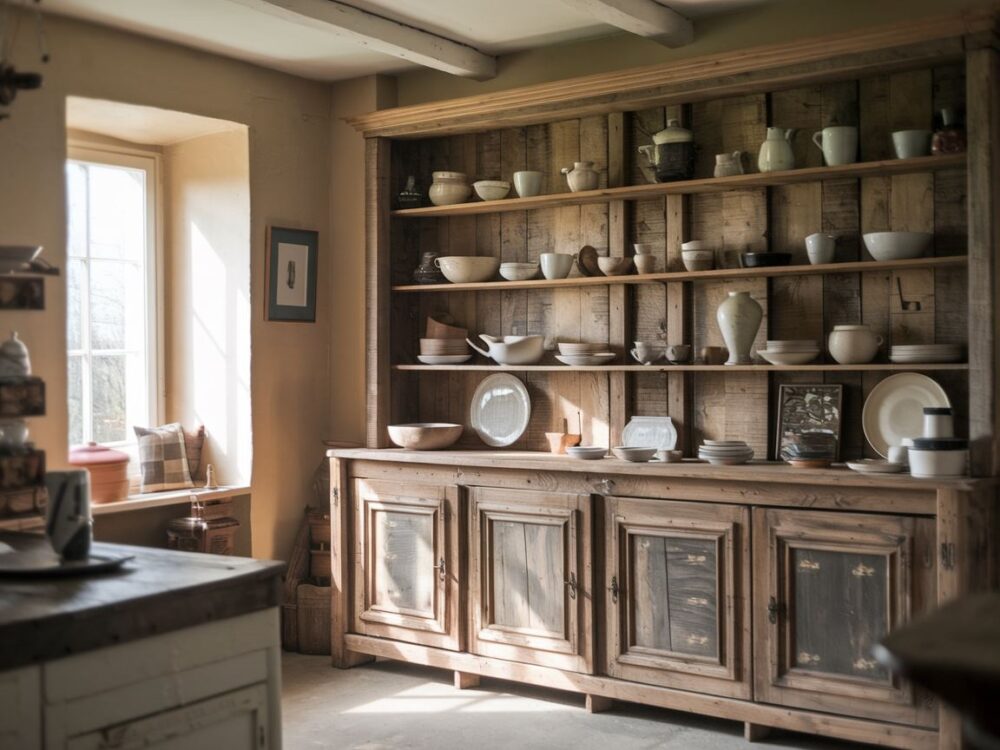 drewniany kredens z ceramiką