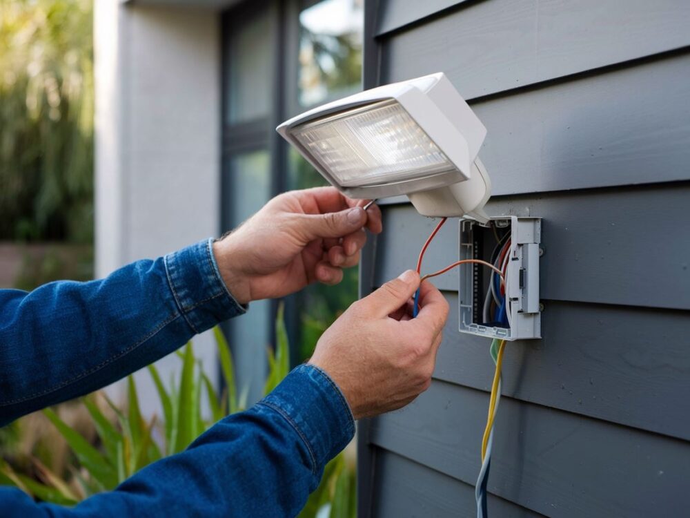 elektryk montuje halogen z czujnikiem