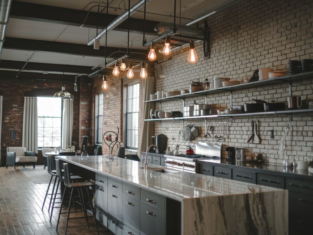 metalowe lampy nad blatem