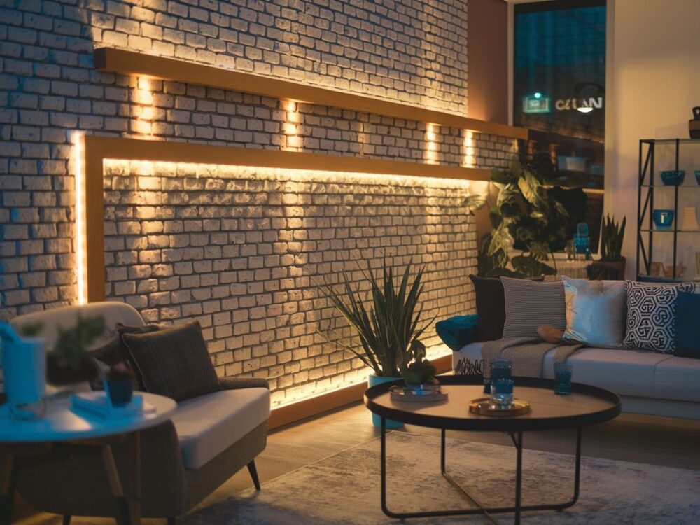oświetlona ściana z cegły