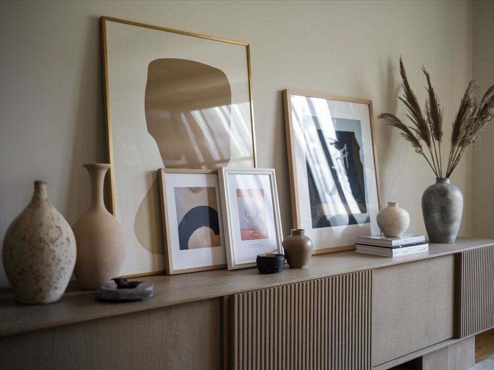 półka z roślinami nad komodą