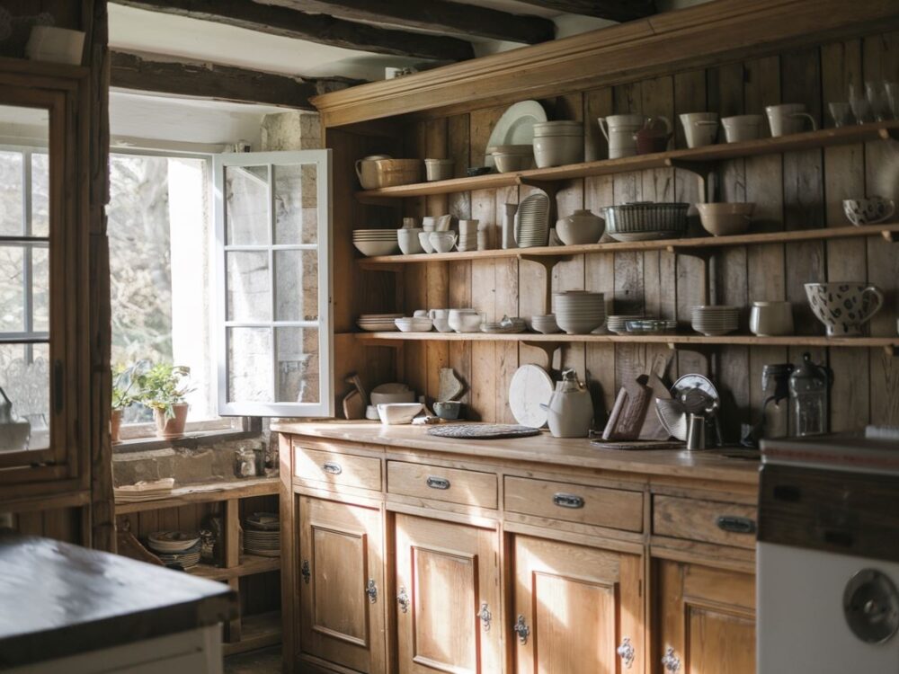 wiejski kredens z naczyniami